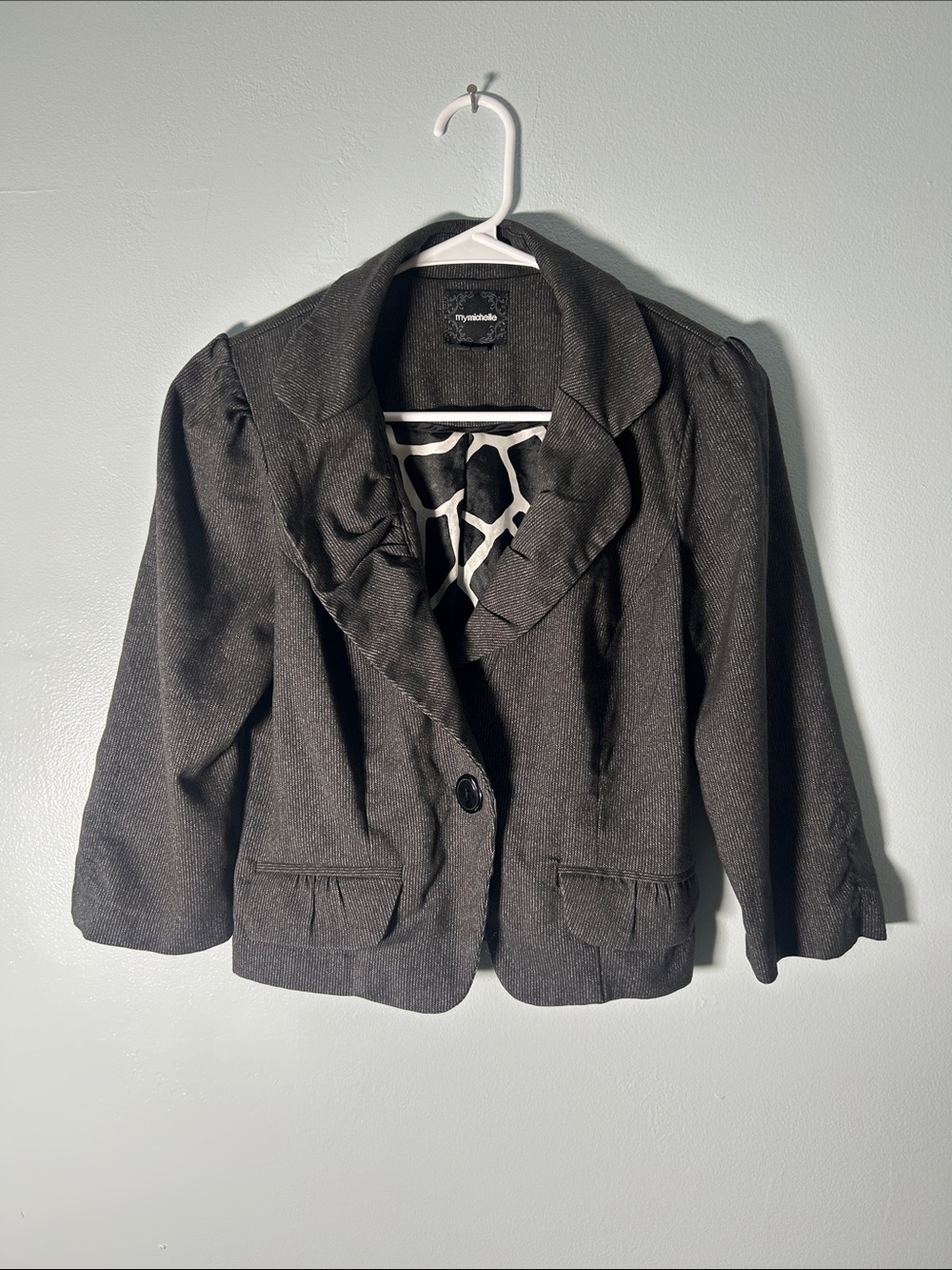 Y2K My Michelle Dark Gray Pinstriped Ruffle Collar Blazer Jacket